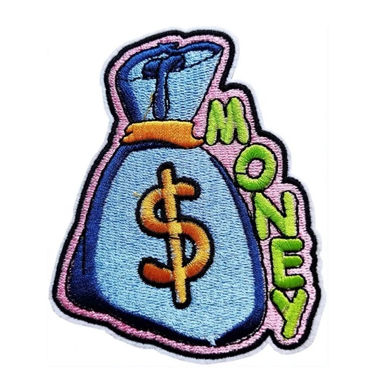 Blue money bag iron on embroidery patches - Creo Piece